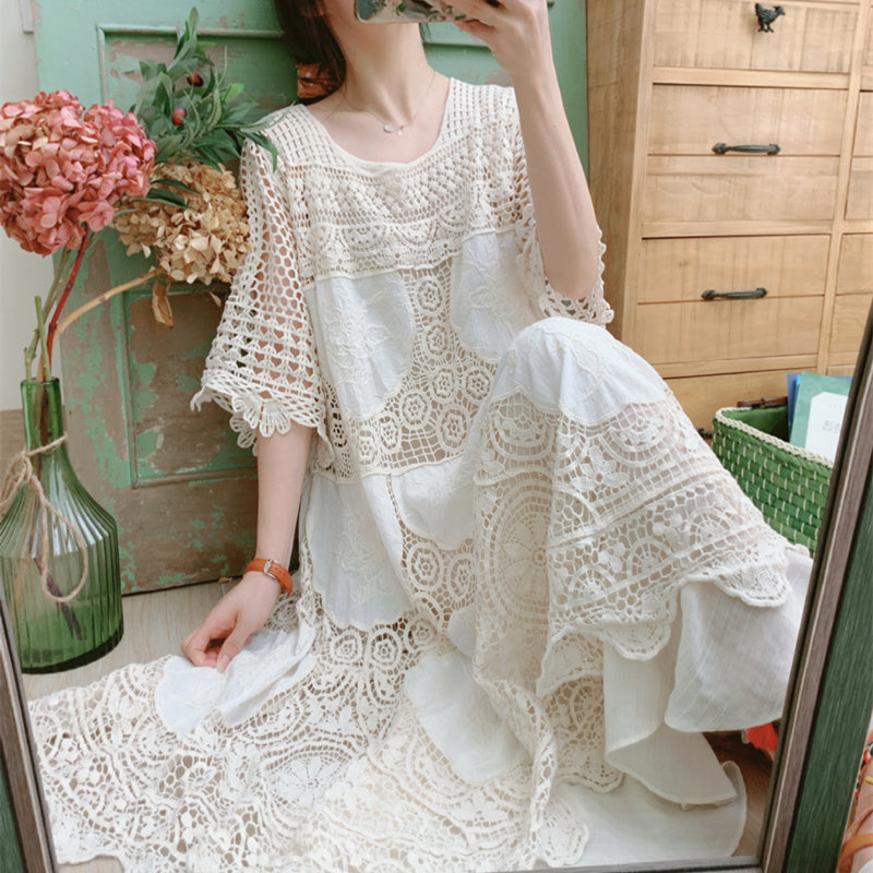 Mid-Sleeve Nipped Waist Lace Dress Openwork Crochet Embroidery