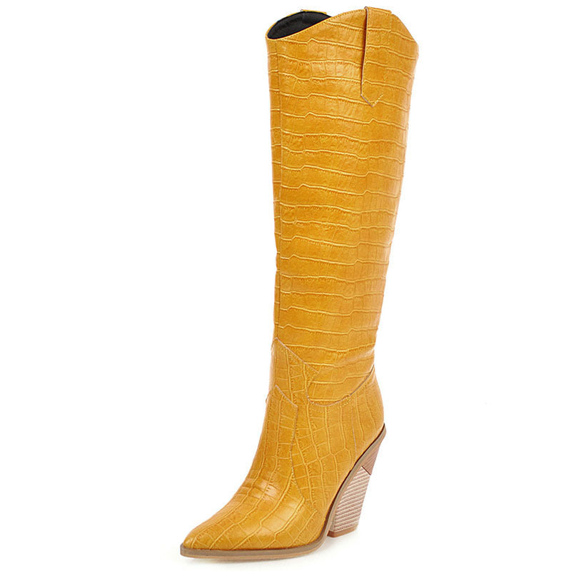 Europe Hot Stone Leather Pointed Boot Wood Heel