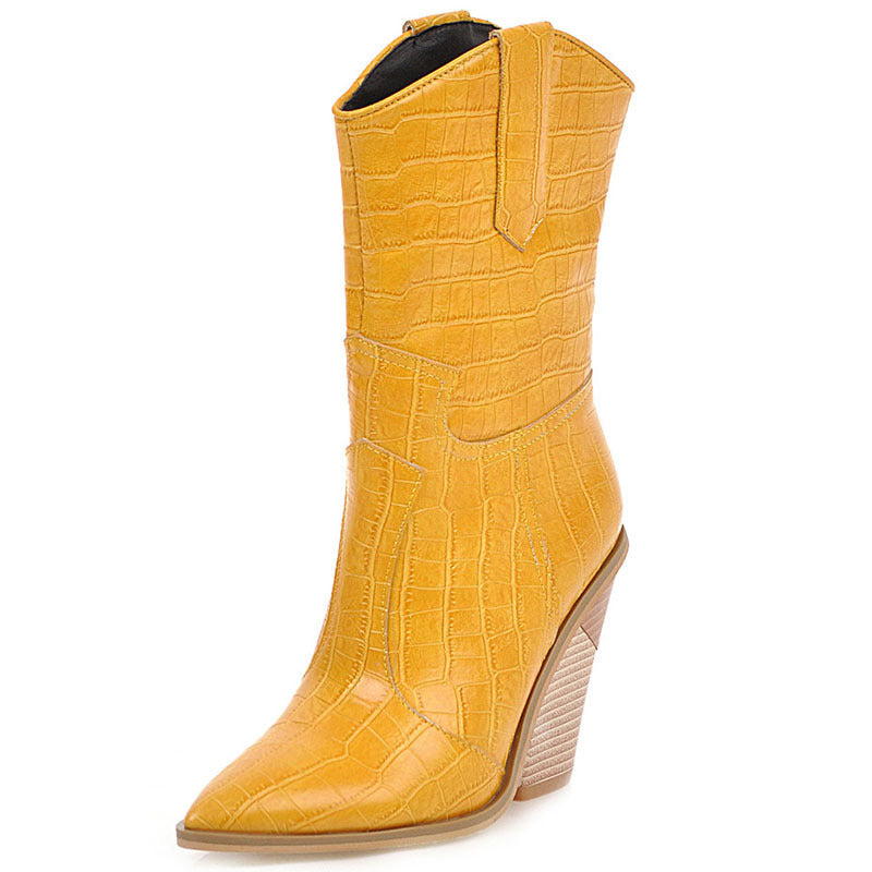 Europe Hot Stone Leather Pointed Boot Wood Heel