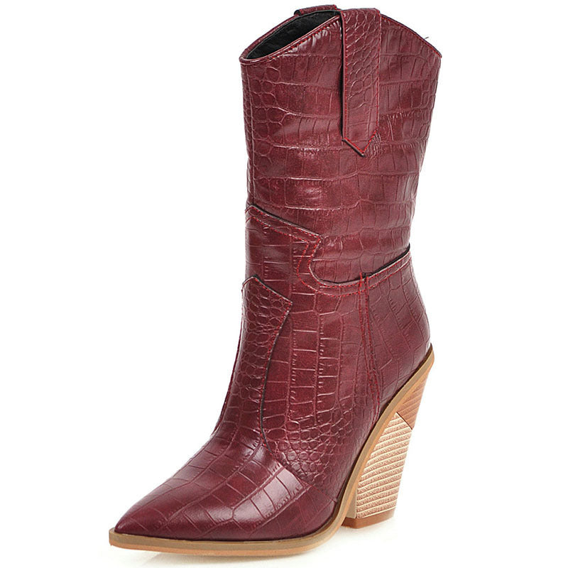 Europe Hot Stone Leather Pointed Boot Wood Heel