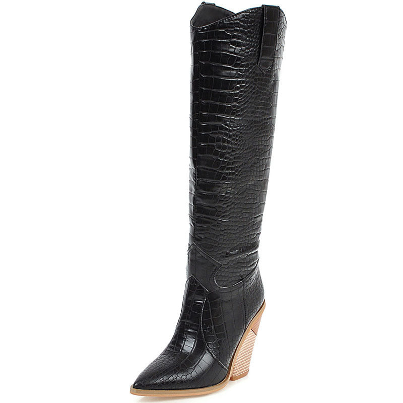 Europe Hot Stone Leather Pointed Boot Wood Heel