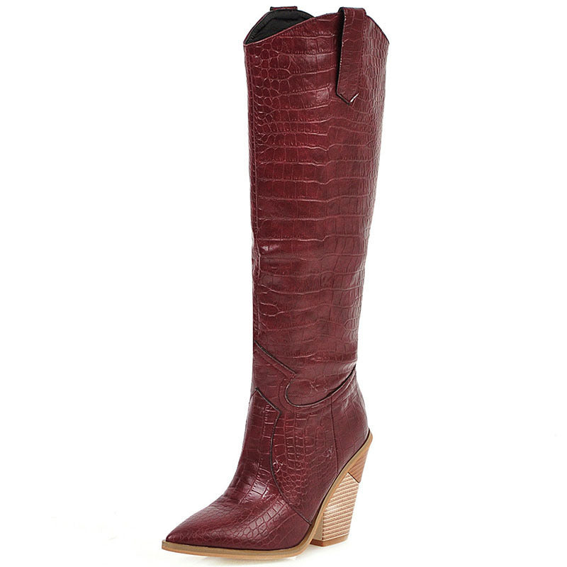 Europe Hot Stone Leather Pointed Boot Wood Heel