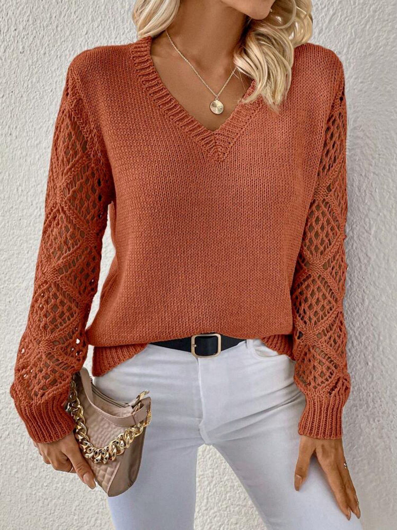 Solid V-neck Pullover Sweater With Hollow Long Sleeve