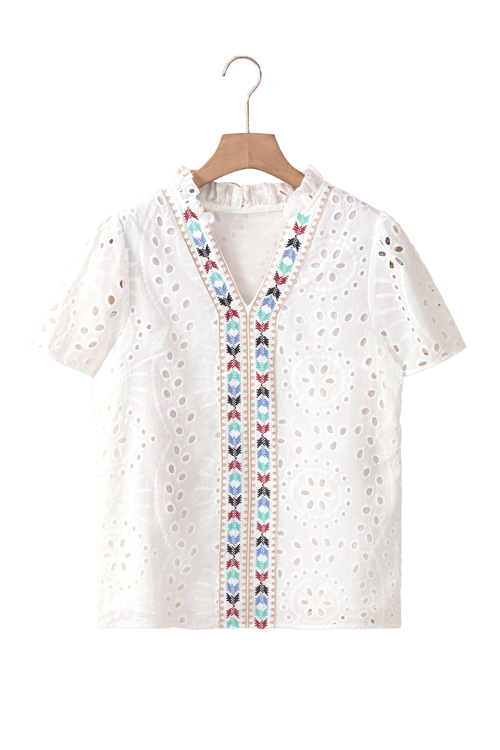 White Boho Geometric Pattern V Neck Cut-out Blouse