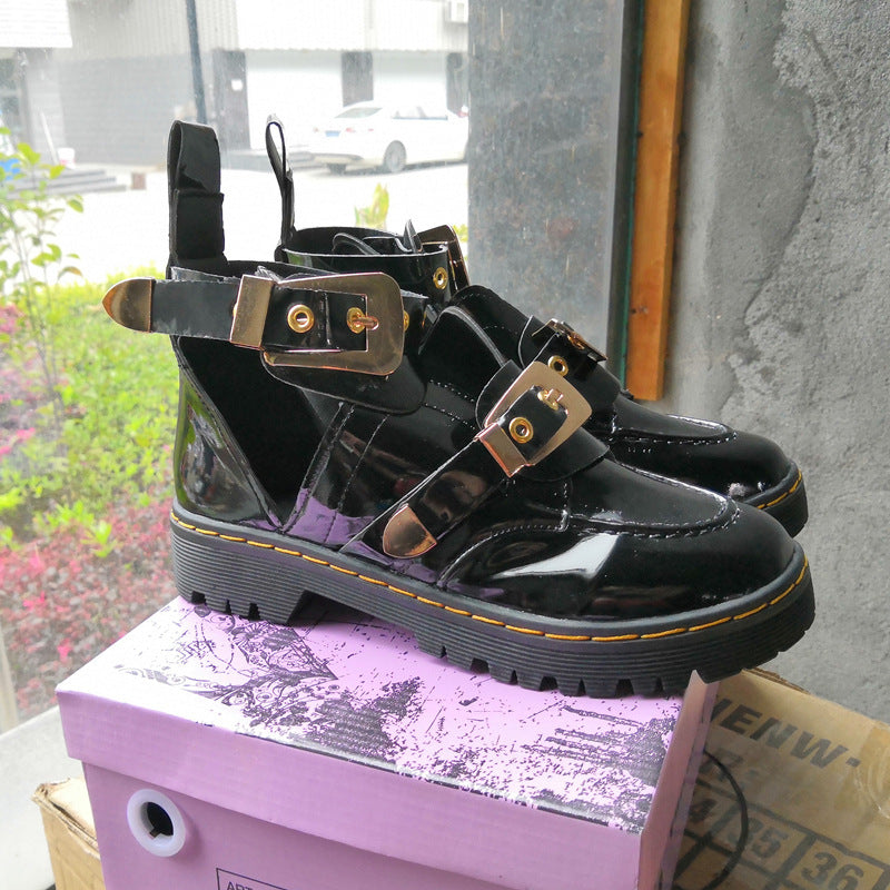 Patent Leather Metal Buckle Martin Boots Side Air Breathable Women