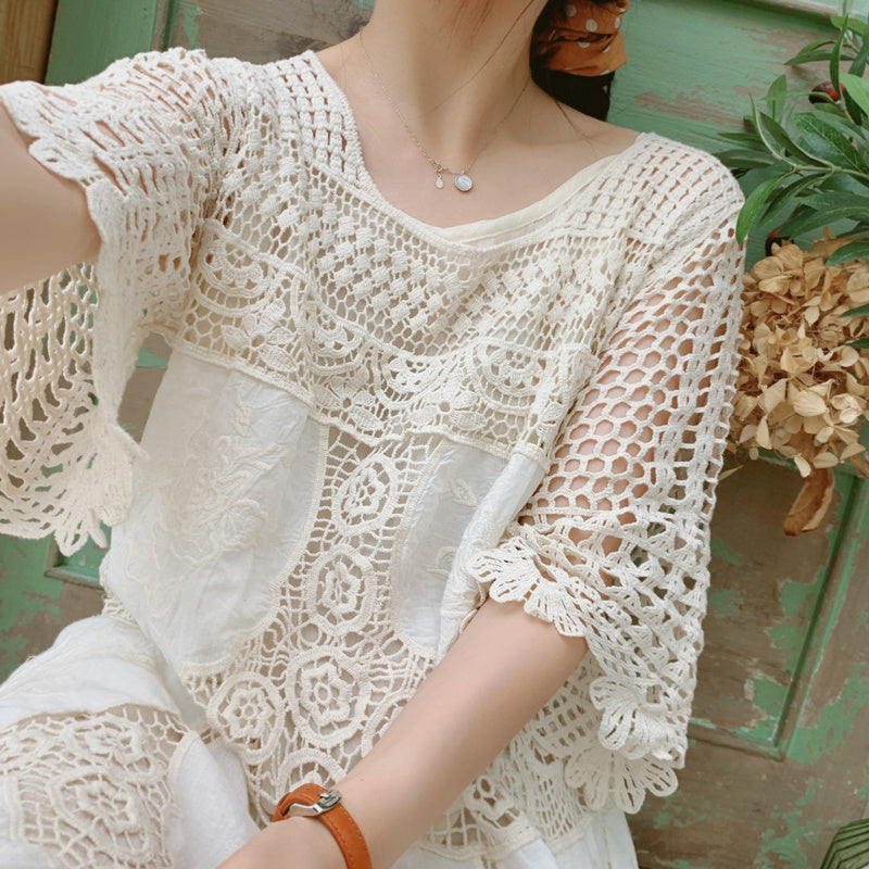 Mid-Sleeve Nipped Waist Lace Dress Openwork Crochet Embroidery