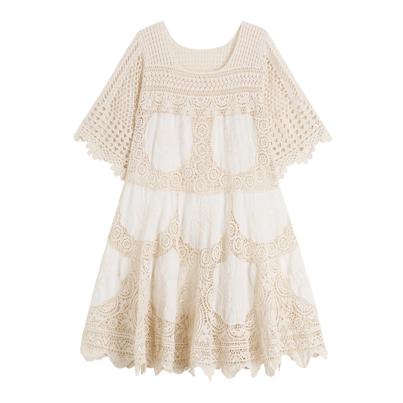 Mid-Sleeve Nipped Waist Lace Dress Openwork Crochet Embroidery