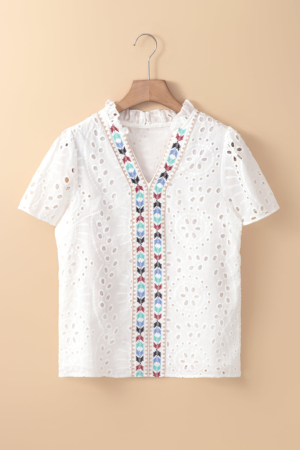 White Boho Geometric Pattern V Neck Cut-out Blouse