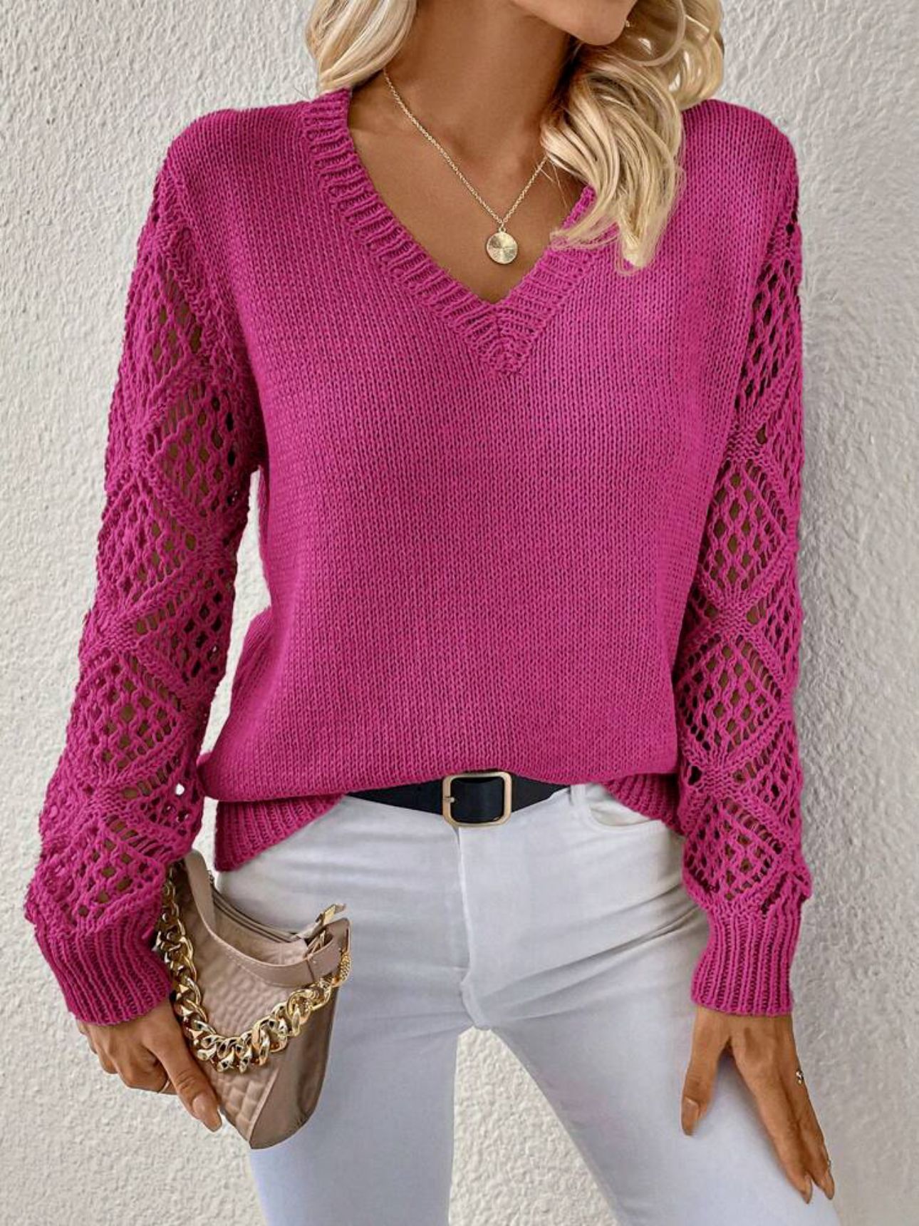 Solid V-neck Pullover Sweater With Hollow Long Sleeve