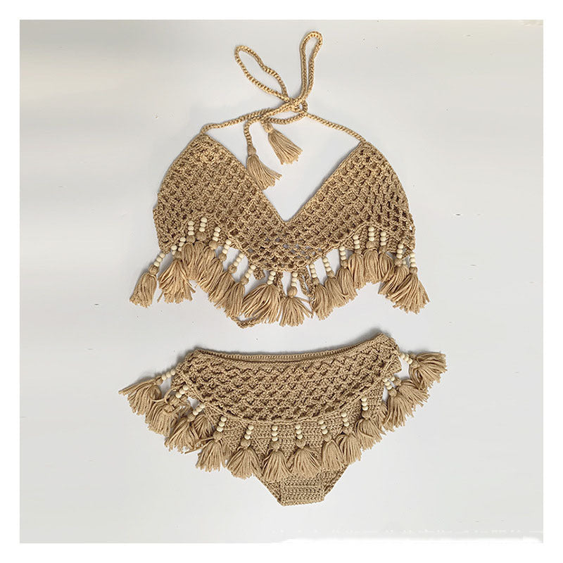 Swimsuit Bikini Women's New Hand Hook With Beads Tassel Beach Suit