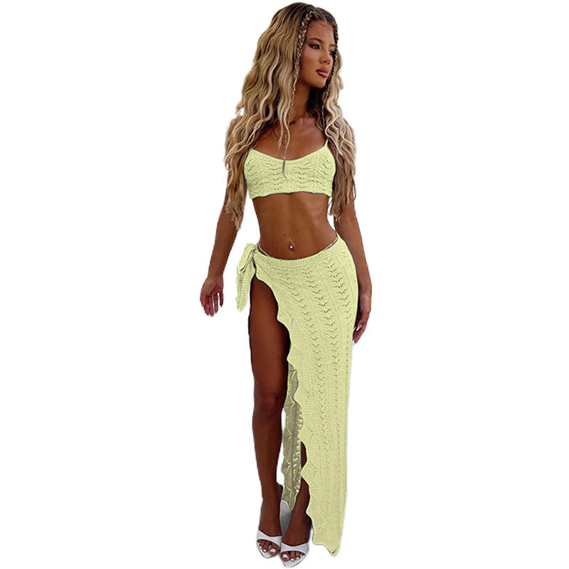 Knitted Hollow Sleeveless Midriff-baring Skirt Suit