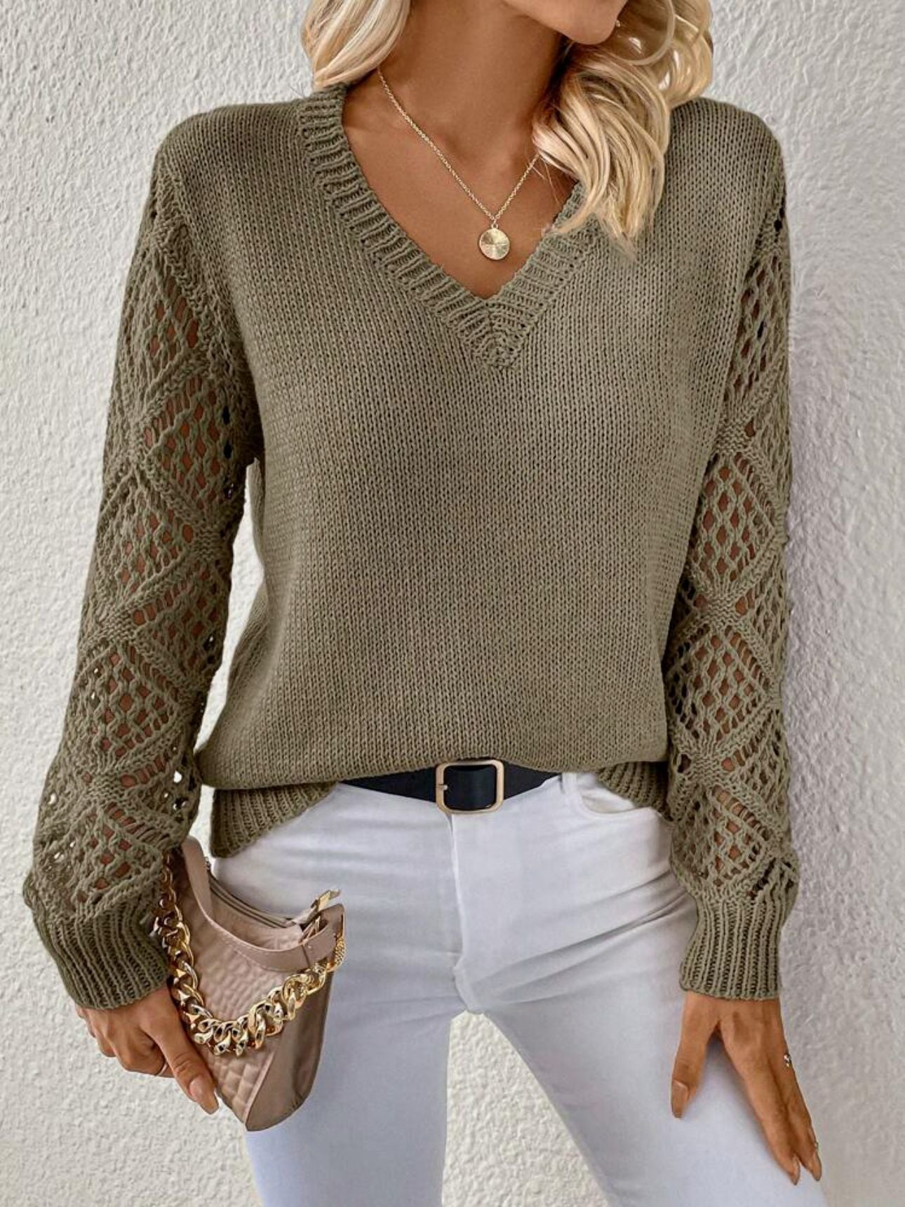 Solid V-neck Pullover Sweater With Hollow Long Sleeve