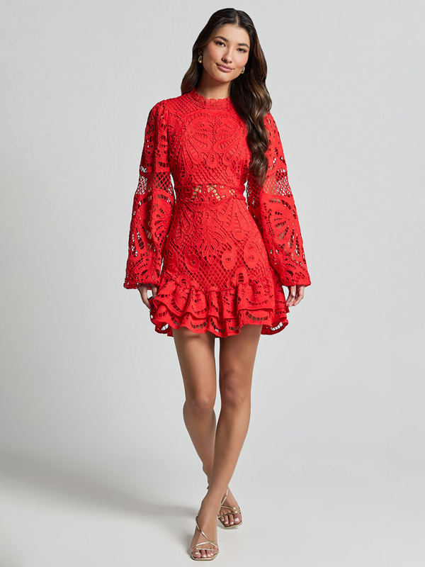 Lapel Lantern Long Sleeve Waist Gown Short A-line Ruffle Hollow Lace Dresses