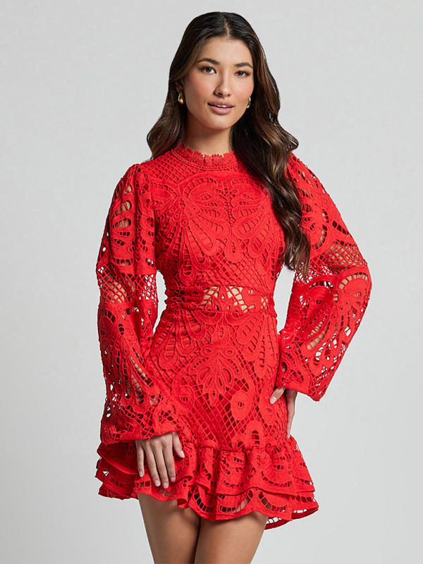 Lapel Lantern Long Sleeve Waist Gown Short A-line Ruffle Hollow Lace Dresses