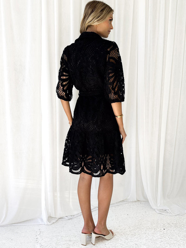 New Sexy Hollow Lace Flower Mid-Sleeve Commuter Button Shirt Dress