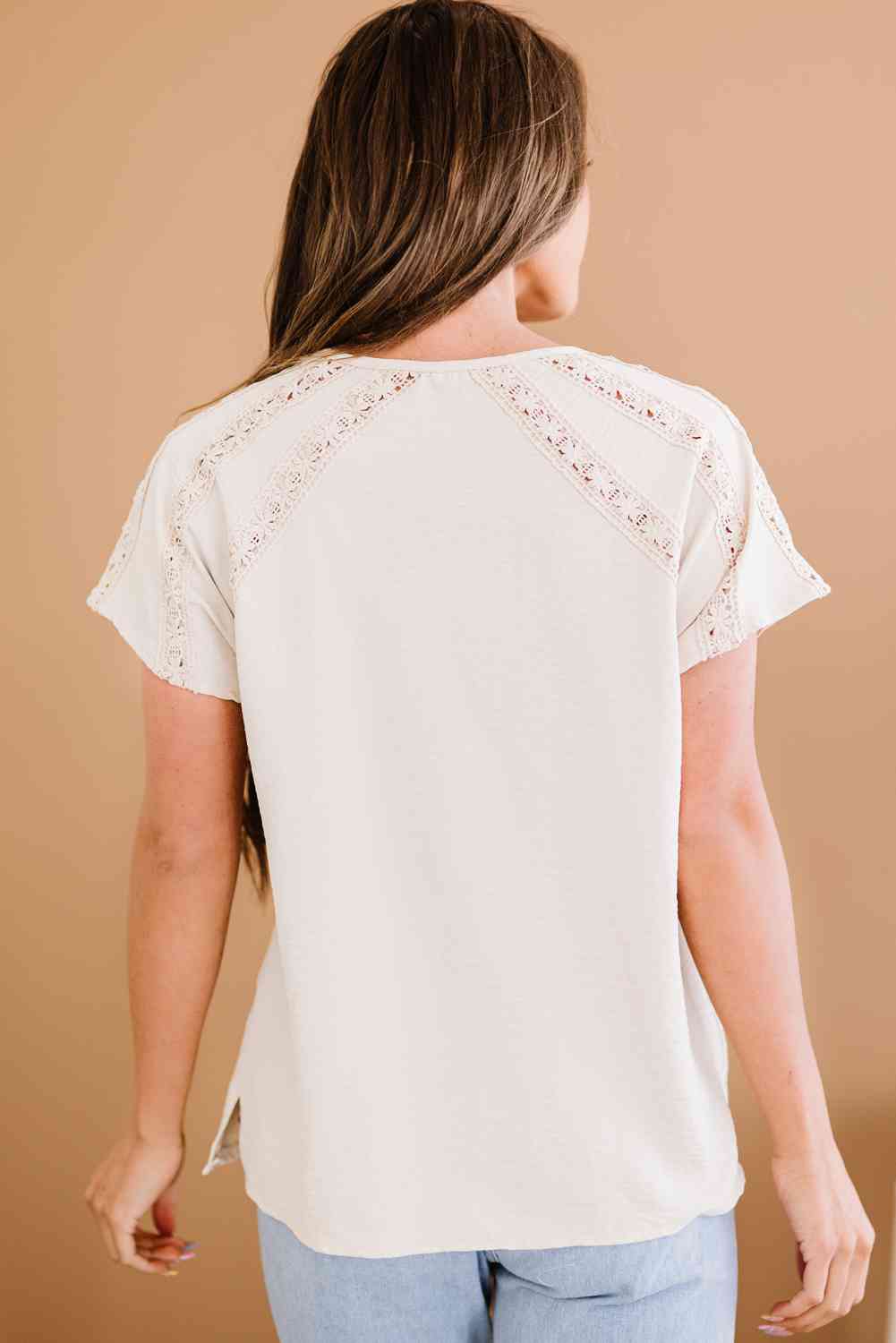 Crochet Eyelet Buttoned Short Sleeves Top