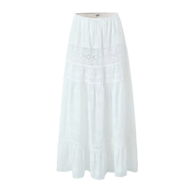 Off-neck Lace Short Crop Top High Waist Drawstring Patchwork Long Dress