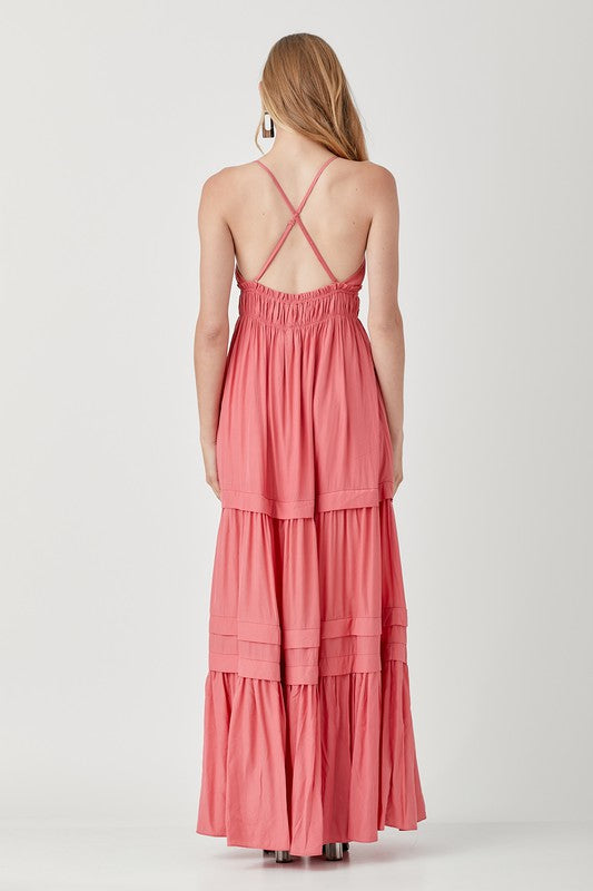 SHIRRED RUFFLE FOLDED DETAIL MAXI DRESS