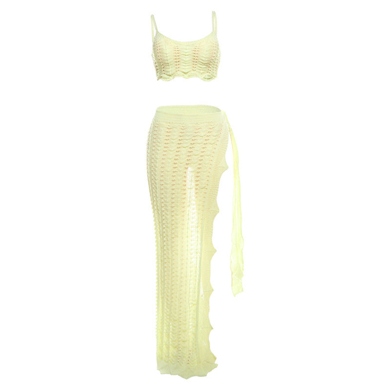Knitted Hollow Sleeveless Midriff-baring Skirt Suit