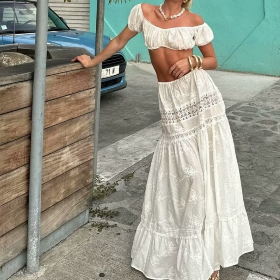 Off-neck Lace Short Crop Top High Waist Drawstring Patchwork Long Dress