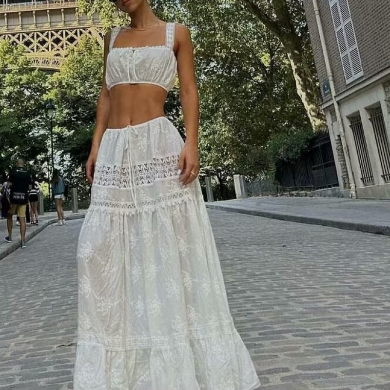 Off-neck Lace Short Crop Top High Waist Drawstring Patchwork Long Dress