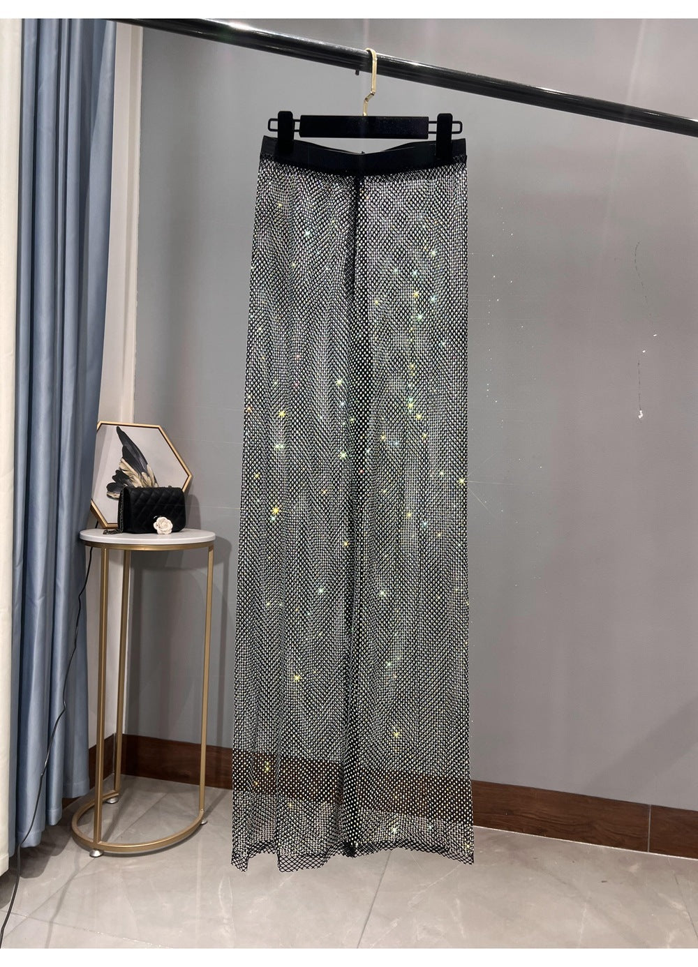 Rhinestone Straight Mesh Wide Leg Slim Fit Flattering Mopping Pants