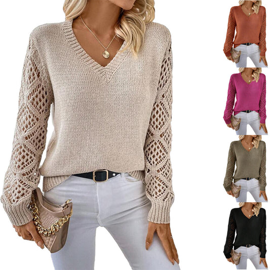 Solid V-neck Pullover Sweater With Hollow Long Sleeve
