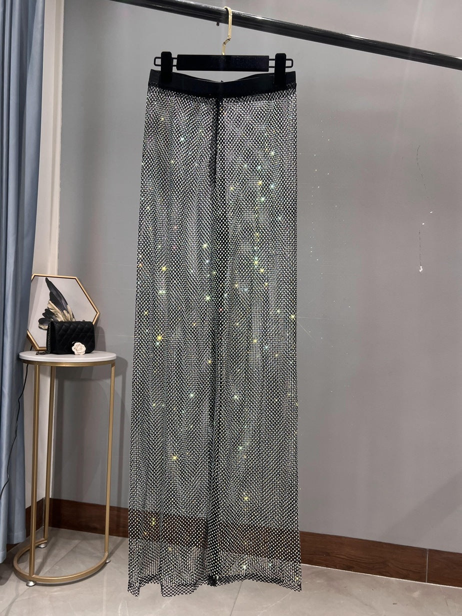 Rhinestone Straight Mesh Wide Leg Slim Fit Flattering Mopping Pants
