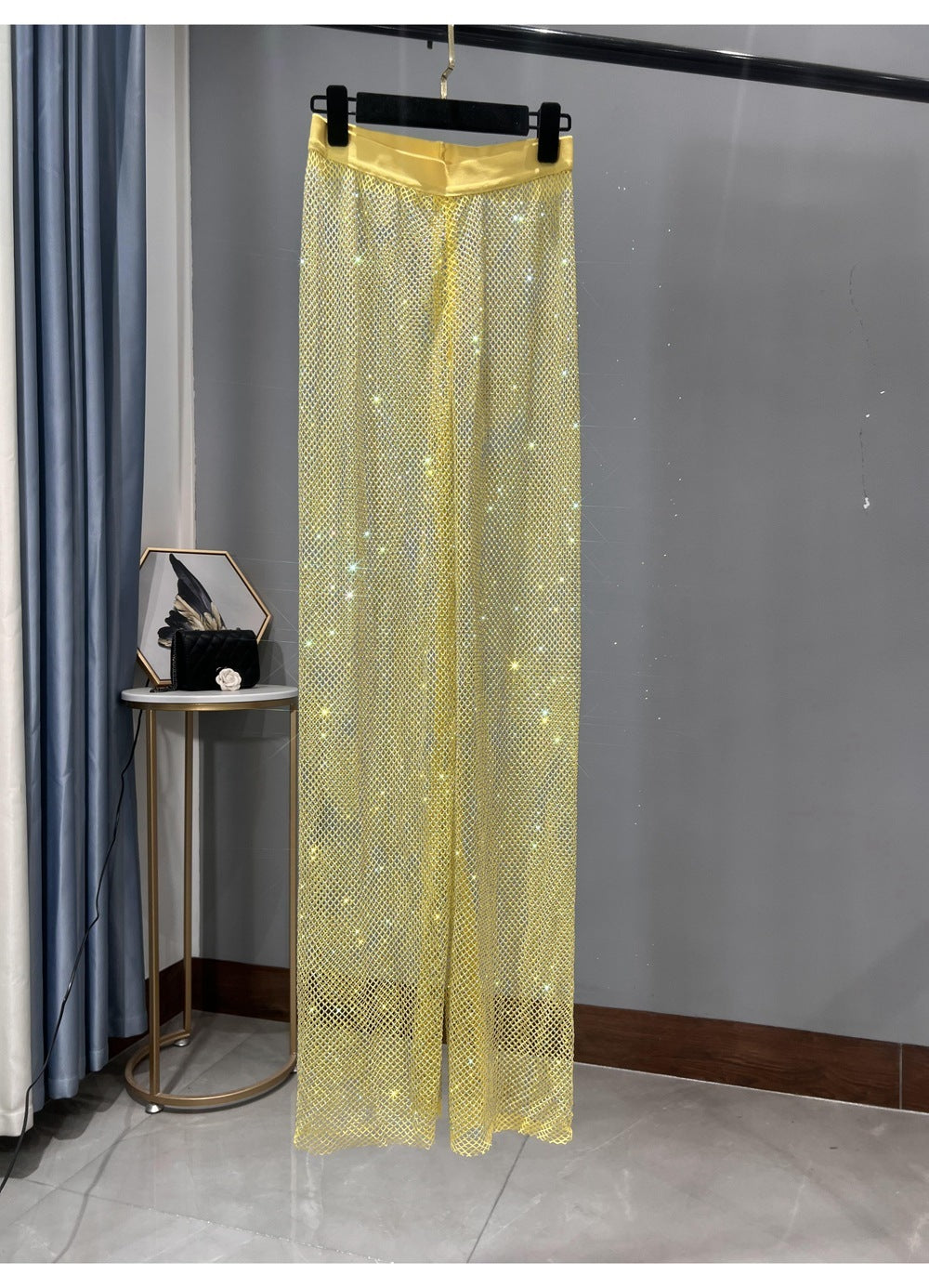 Rhinestone Straight Mesh Wide Leg Slim Fit Flattering Mopping Pants