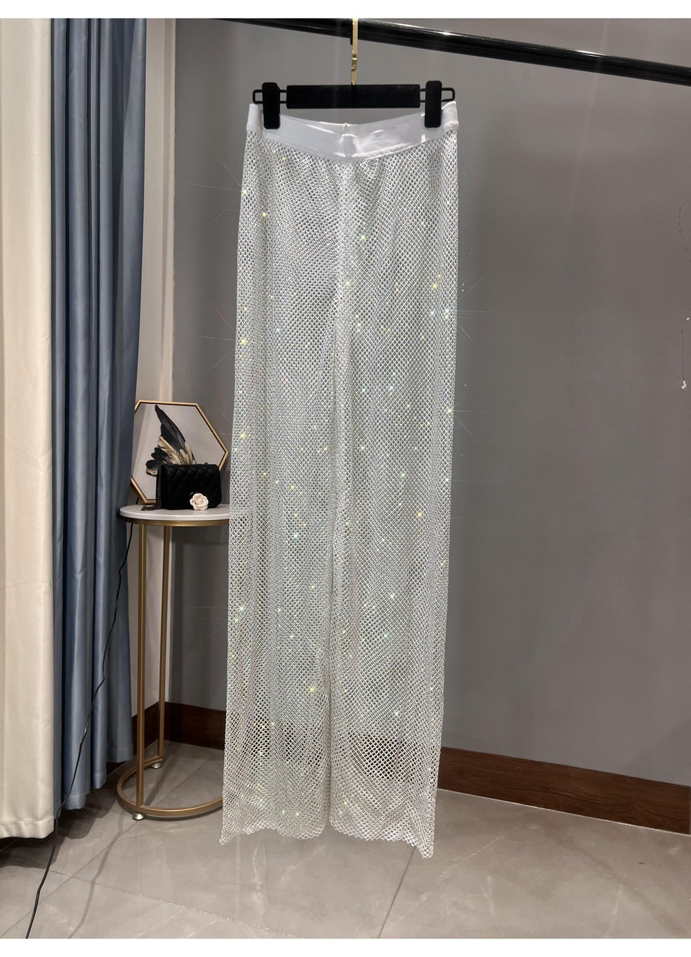 Rhinestone Straight Mesh Wide Leg Slim Fit Flattering Mopping Pants