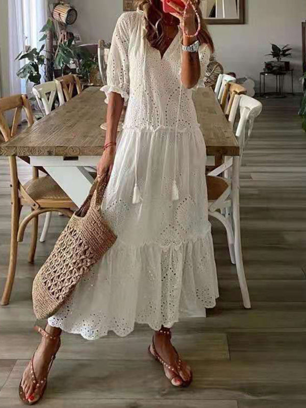 Women's Casual Solid Color V-Neck Midi Dress