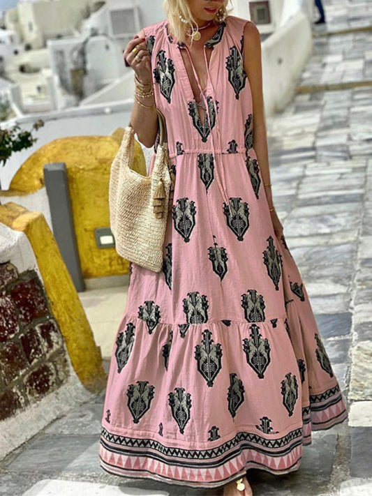 Women's Sleeveless Midi Bohemian Print Dress