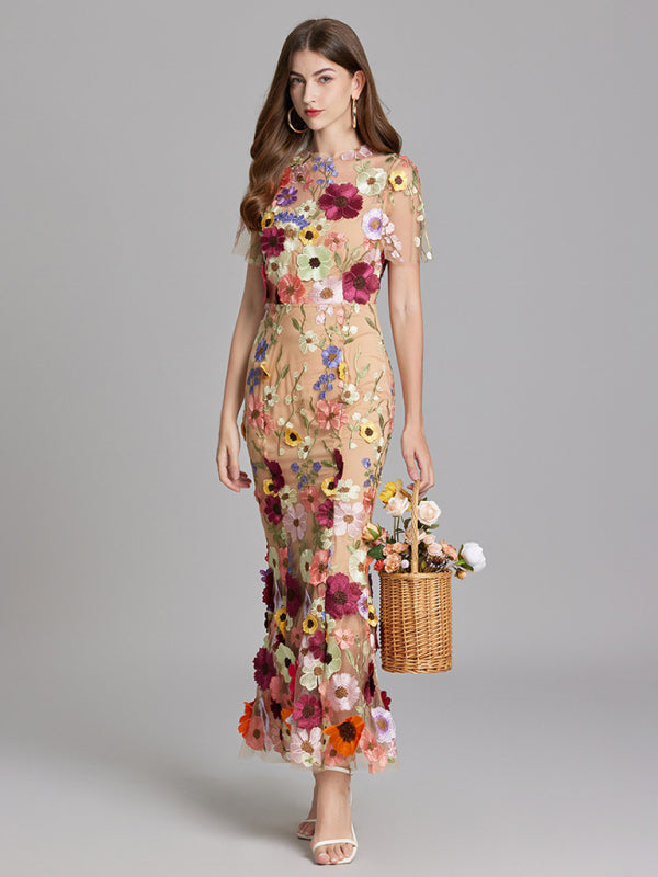 Ladies new three-dimensional flower mesh embroidery waist and hip dress