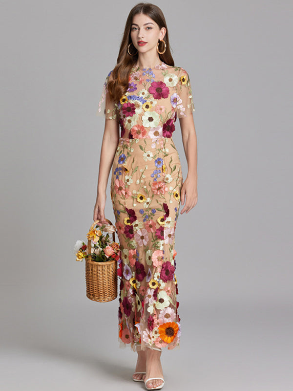 Ladies new three-dimensional flower mesh embroidery waist and hip dress