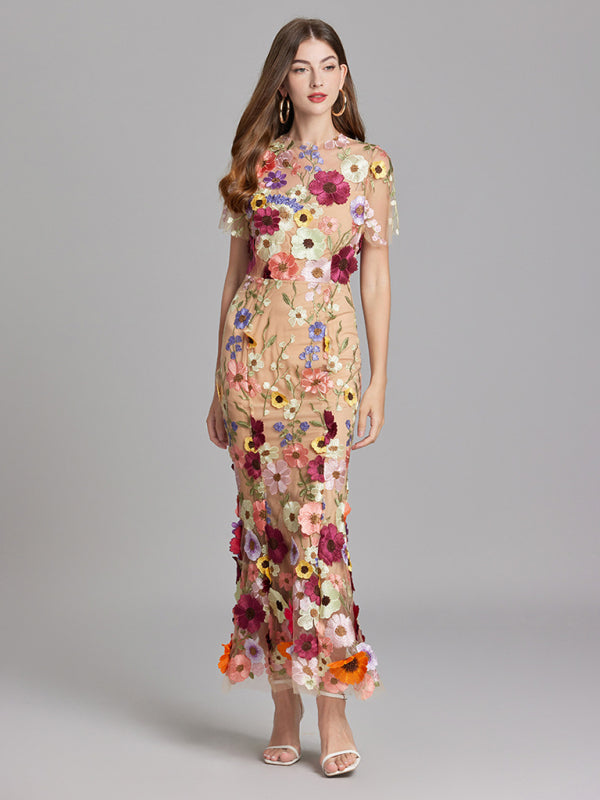 Ladies new three-dimensional flower mesh embroidery waist and hip dress