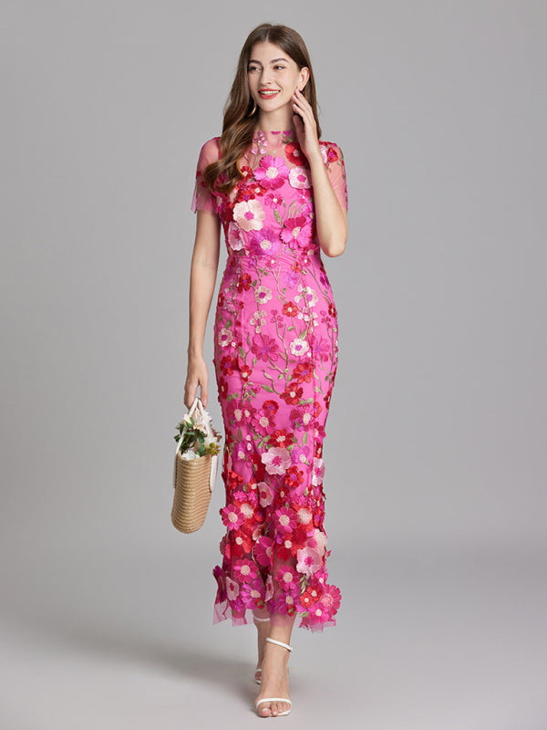 Ladies new three-dimensional flower mesh embroidery waist and hip dress
