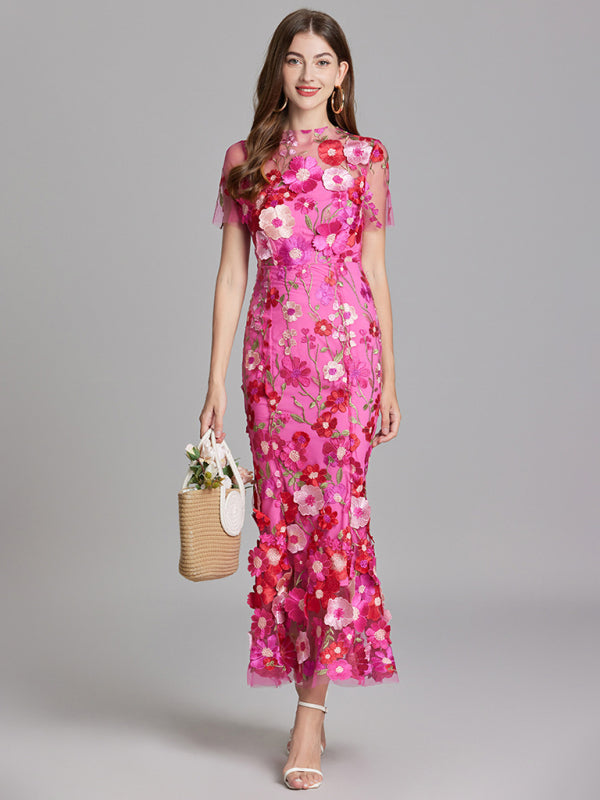 Ladies new three-dimensional flower mesh embroidery waist and hip dress