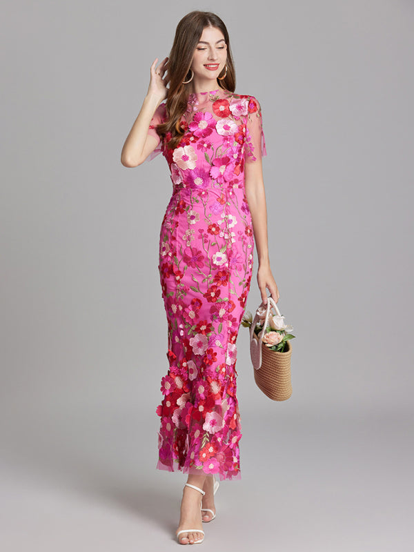 Ladies new three-dimensional flower mesh embroidery waist and hip dress