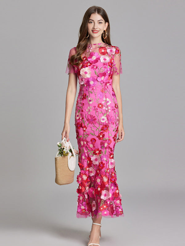 Ladies new three-dimensional flower mesh embroidery waist and hip dress