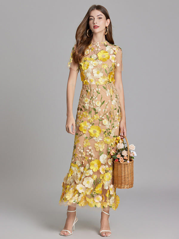 Ladies new three-dimensional flower mesh embroidery waist and hip dress