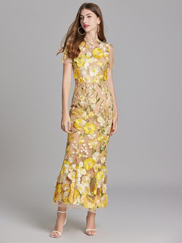 Ladies new three-dimensional flower mesh embroidery waist and hip dress